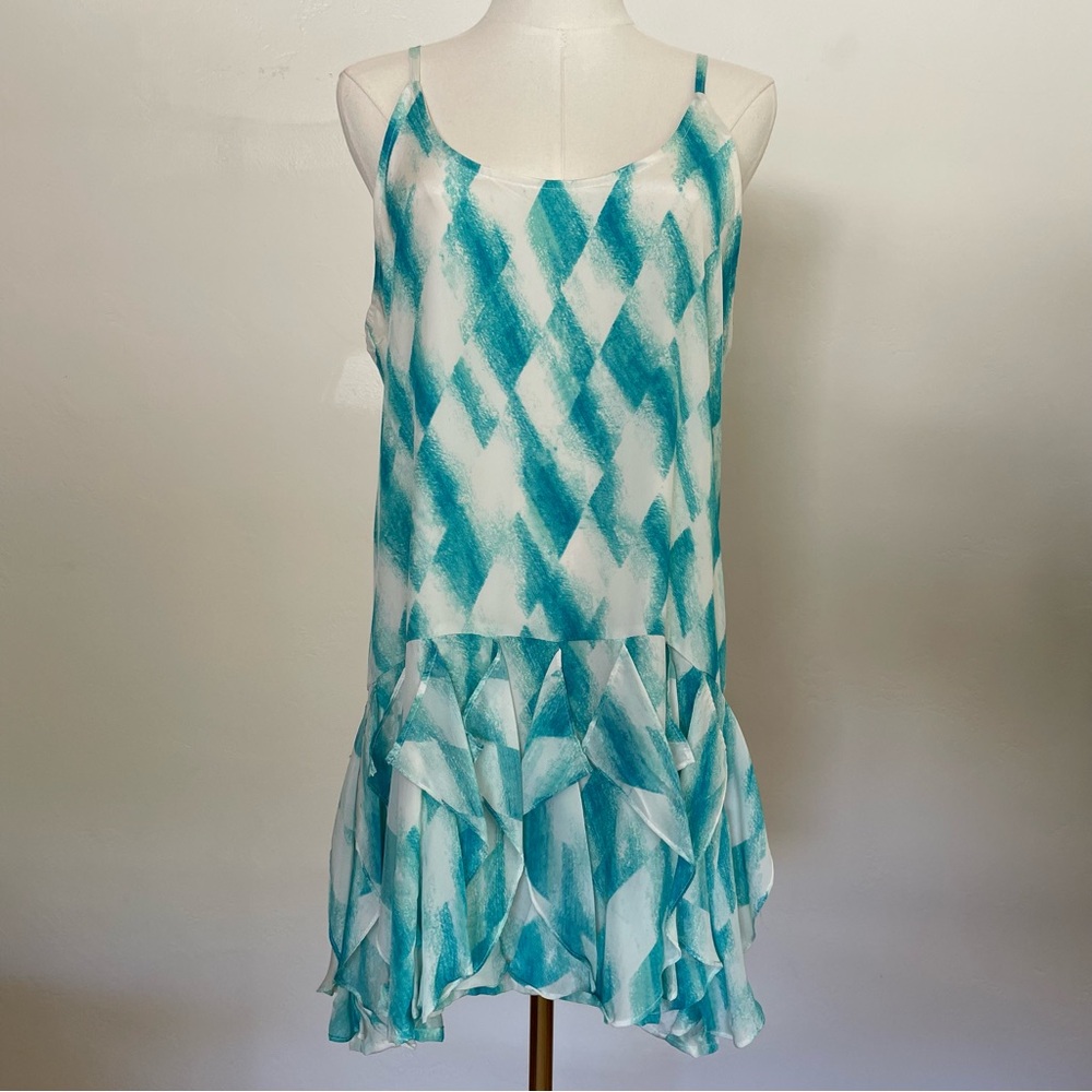 Chloe Oliver Silk Ruffle Skirt Spaghetti Strap Abstract Print Mini Dress Medium